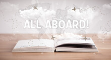 Open Book With ALL ABOARD! Inscription, Vacation Concept