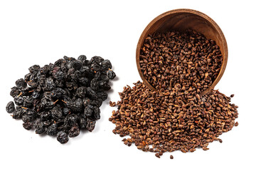 Grape plant seeds. Raisins and grape seeds. Close-up raw grape seeds surface a isolated on white background.