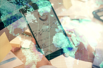 Double exposure of man's hands holding and using a phone and international business theme drawing.