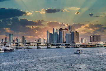 Fototapete - Miami Skyline Across Biscayne Bay with Yachts