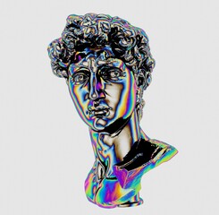 Poster - 3D rendering of Michelangelo's David head. Classical bust sculpture in chromium holographic colors isolated on white background.