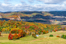 Autumn Fall Red Color Maple Trees And Farm House Land Rolling Hills Aerial Above High Angle View Landscape In Blue Grass, Highland County, Virginia