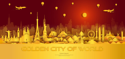 Wall Mural - Travel gold city landmarks of world Important architectural monuments.