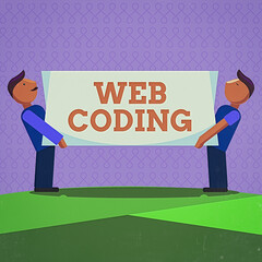 Fototapete - Word writing text Web Coding. Business photo showcasing a system of symbols and rules used to represent instructions Two Men Standing Carrying Rectangular Blank Panel Board on Both Sides