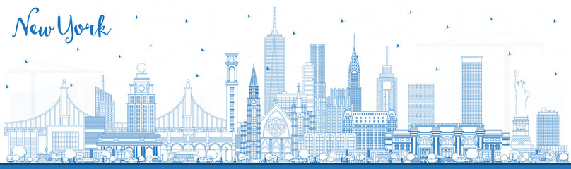 Fototapete - Outline New York USA City Skyline with Blue Buildings.