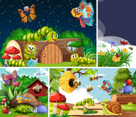 Sticker - Set of different insects living in the garden background