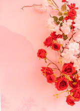 Rose Texture Background For Wedding Scene. Artificial Flowers On The Wall