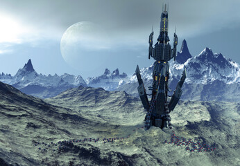 Wall Mural - 3d rendered fantasy alien landscape with landed spaceship- 3d illustration