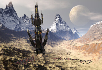 Wall Mural - 3d rendered fantasy alien landscape with landed spaceship- 3d illustration