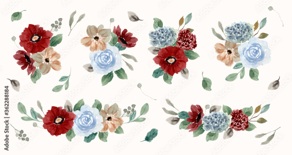 vintage red blue flower arrangement watercolor collection - obrazy, fototapety, plakaty 