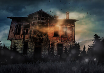 halloween creepy haunted old house in forest, scary landscape