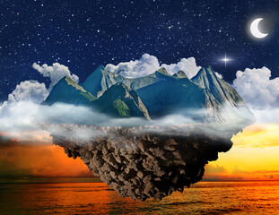 Wall Mural - fantasy night lanscape, mountain island floating above sea and starry sky with moon