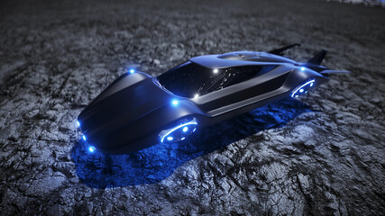 Wall Mural - flying car in the city on the moon, base, colony. 3d rendering.