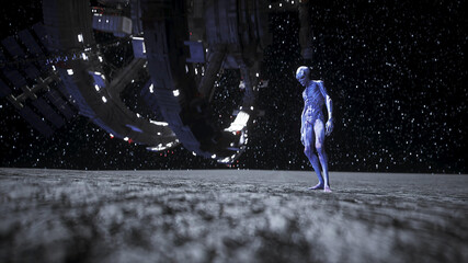Wall Mural - alien on the moon. ufo concept. 3d rendering.