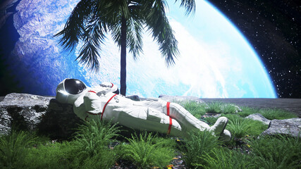 Wall Mural - astronaut idle on the moon oasis. 3d rendering.