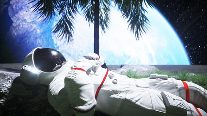 Poster - Astronaut idle on the moon oasis. 3d rendering.