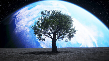 Canvas Print - tree on the moon in outer space. 3d rendering.