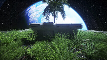 Wall Mural - base, laboratory on the moon. tree on the moon. 3d rendering.