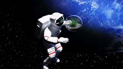 Wall Mural - astronaut and grass in glass sphere in outer space. ecology concept. 3d rendering.