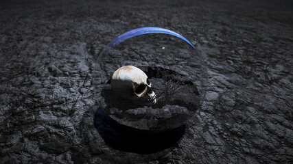 Wall Mural - skull in outer space in glass sphere. apocalypse concept. 3d rendering.