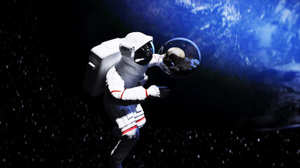 Wall Mural - astronaut and human skull in outer space in glass sphere. apocalypse concept. 3d rendering.