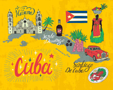 Illustrated Tourist Map Of Cuba. Attractions And National Features Of The Country