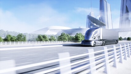 3d model of futuristic electric truck on highway. Future city background. Electric automobile. 3d rendering