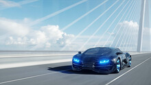 3d Model Of Black Futuristic Car On The Bridge. Very Fast Driving. Concept Of Future. 3d Rendering.