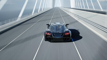 Wall Mural - 3d model of black futuristic car on the bridge. very fast driving. concept of future. 3d rendering.