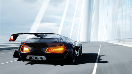 Wall Mural - 3d model of black futuristic car on the bridge. very fast driving. concept of future. 3d rendering.