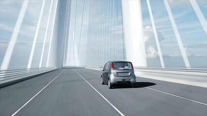 3d model of electric car on the bridge, very fast driving. Ecology concept. 3d rendering.