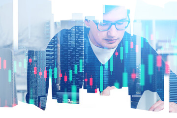 Wall Mural - Trader in glasses in city office, financial chart