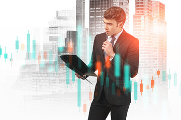 Poster - Thoughtful man with clipboard in city, graph