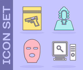 Poster - Set Search on computer screen, Evidence bag and pistol or gun, Thief mask and Judge icon. Vector