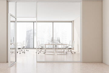 Panoramic beige open space office interior