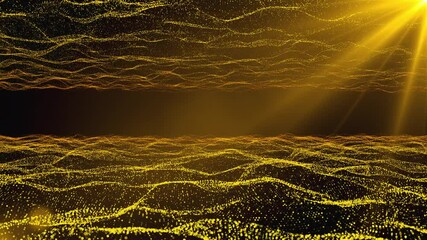 Poster - Computer generated upper and lower wavy layers of small shiny particles and rays of light. Glowing effect. 3D rendering horizontal backdrop