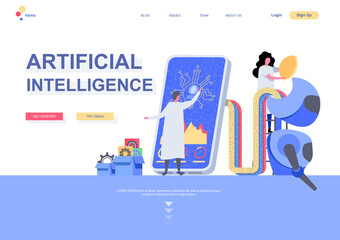 Aufkleber - Artificial intelligence flat landing page template. Machine learning concept scientists programming cybernetic system situation. Web page with people characters. Digital technology vector illustration