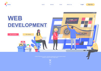 Web development flat landing page. Front end and back end development, developers team create internet application situation. Web page with people characters. Software engineering vector illustration