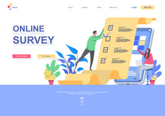 Fototapete - Online survey flat landing page template. Internet interview and voting service, man completing checklist situation. Web page with people characters. Mobile questionnaire vector illustration.