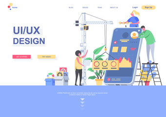 UI UX design flat landing page template. Developers team creating interface of mobile application situation. Web page with people characters. Responsive design and usability vector illustration.