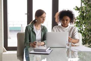 Sticker - Concentrated multiracial women workers cooperate work together on laptop at office briefing, focused multiethnic female colleagues look at laptop screen brainstorm at meeting, teamwork concept