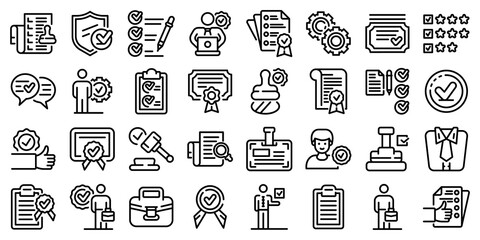Poster - Quality assurance icons set. Outline set of quality assurance vector icons for web design isolated on white background