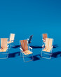Beach chairs on blue background. Summer vacation concept. 3d rendering