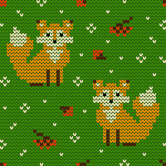 Wall Mural - Jacquard knitted seamless pattern with foxes and rowanberries. Winter background with nature and animals. Scandinavian style. Vector illustration.