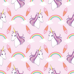 Wall Mural - Seamless fantasy pattern with unicorns rainbow and ice cream on pink background