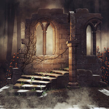 Dark Scenery With Old Ruins And Rose Vines In A Dark Forest. 3Dmax