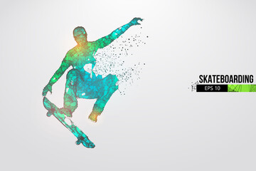 Skateboarding. Abstract silhouette of a wireframe skateboarder from particles on the white background. Convenient organization of eps file. Vector illustartion. Thanks for watching