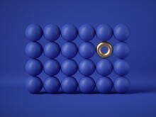 3d Render, Abstract Minimal Geometric Design: Golden Torus Amongst The Blue Balls Isolated On Blue Background. Balance, Gravity, One Of A Kind Exception Concept. Matrix Of Primitive Shapes