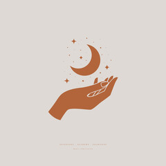 Poster - Mystical composition with hand, stars and crescent on a light background. Boho style and esoteric. Ethnic magic and astrological symbols. Vector illustration.