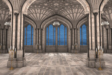 Symmetrical View Of Gothic Cathedral Interior 3d CG Illustration